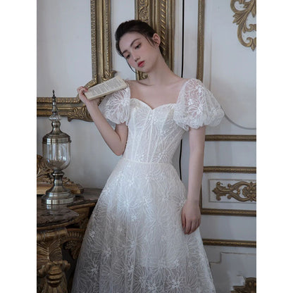 A Line White Tulle Prom Dress Short Sleeves Wedding Dress 117