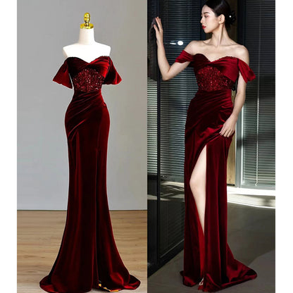 Velvet Off  Shoulder Long Evening Dress Burgundy Mermaid Prom Dress Party Gown 265