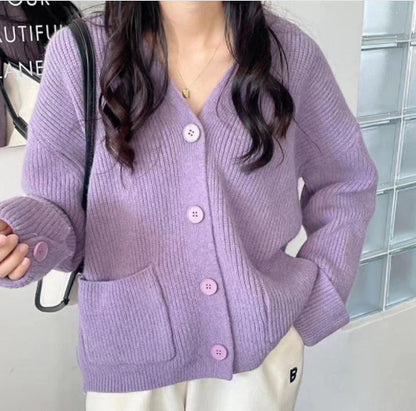 Autumn V Neck Knitted Cardigan with Pockets Sweet Sweater Jacket 1718