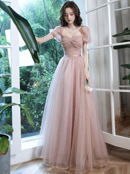 Pink Tulle Long Prom Dress A Line Formal Party Dress Sweet Evening Gown 114