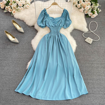 2023 Summer Korean Style V-neck Bubble Short-sleeved A-line Dress Elegant Big Swing Long Skirt 237
