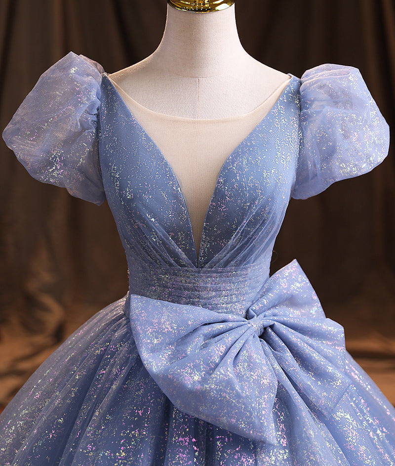 Cute Blue Birthday Party Gown with Bow Tie Long Formal Prom Dress 139