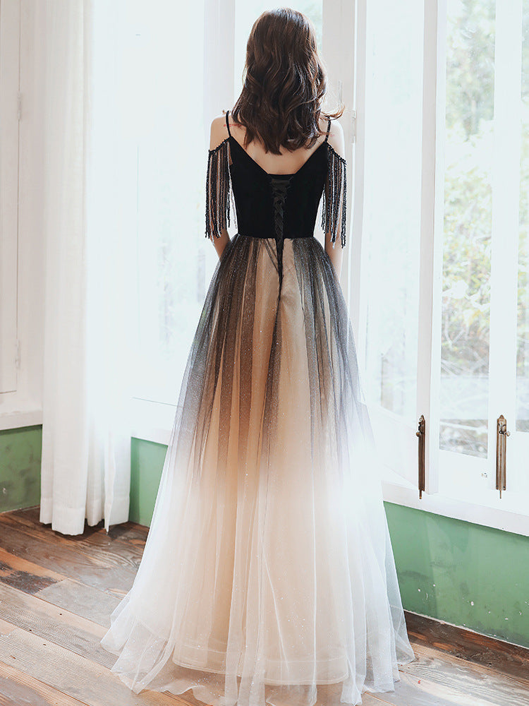 Black Gradient Tulle Prom Dress A Line Long Formal Evening Dress 141