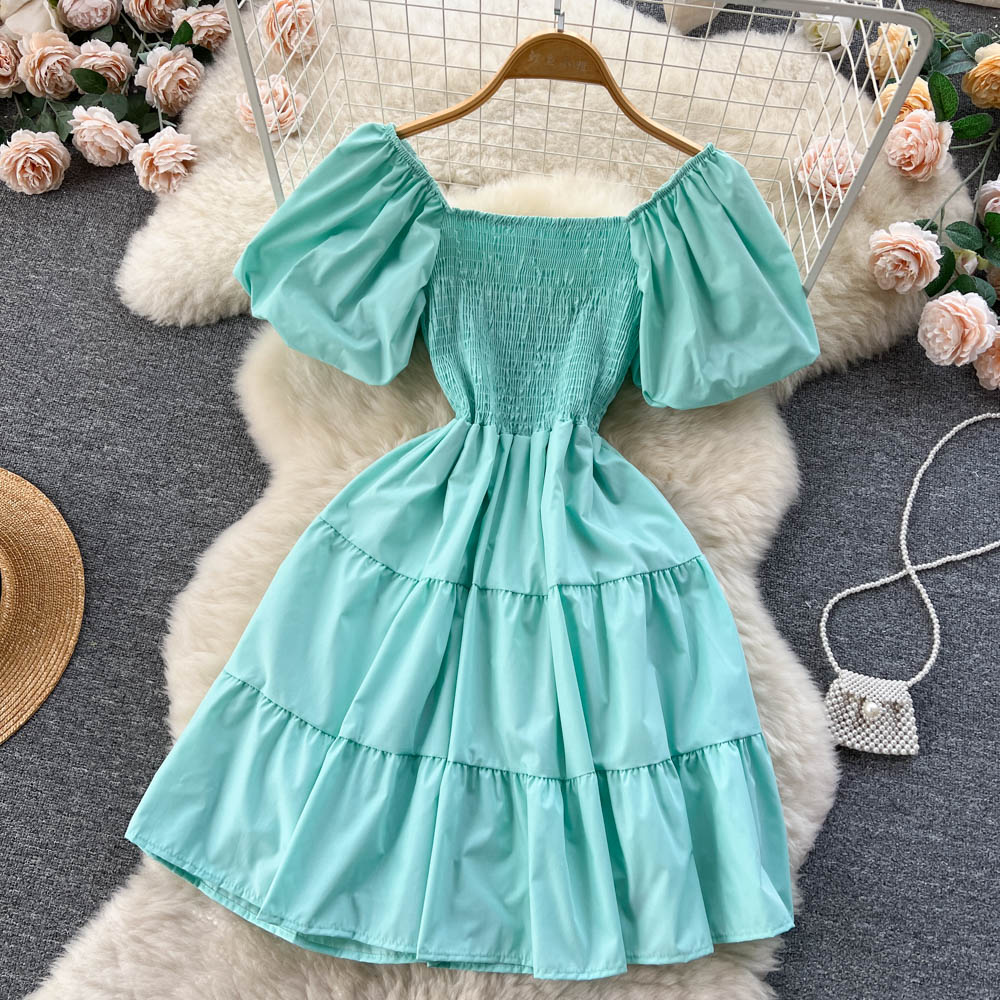Summer Sweet Square Neck Bubble Short Sleeve Puff Dress Princess Skirt 239