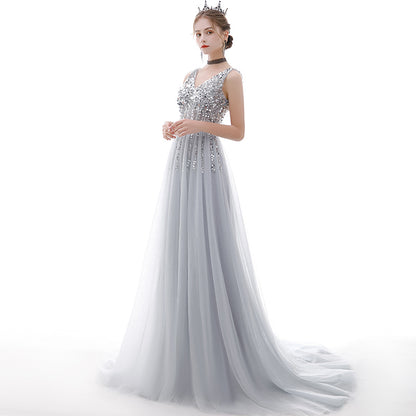 V Neck Sequins Long Prom Dress A Line Silver  Tulle Party Dress 134