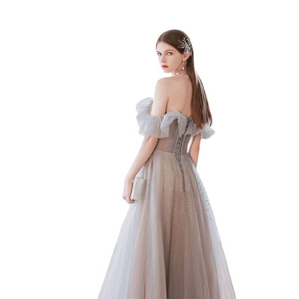Off  Shoulder Sequins  Long Prom Dress Gray Sparkly Formal Evening Dress  138