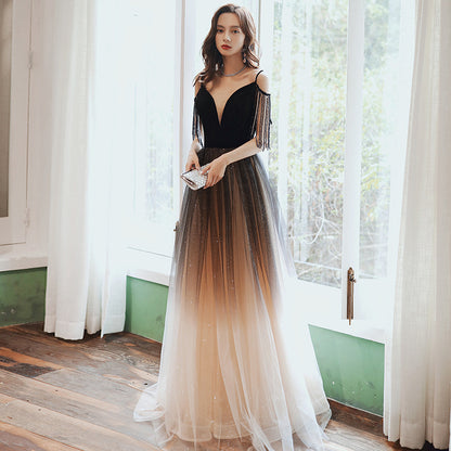 Black Gradient Tulle Prom Dress A Line Long Formal Evening Dress 141