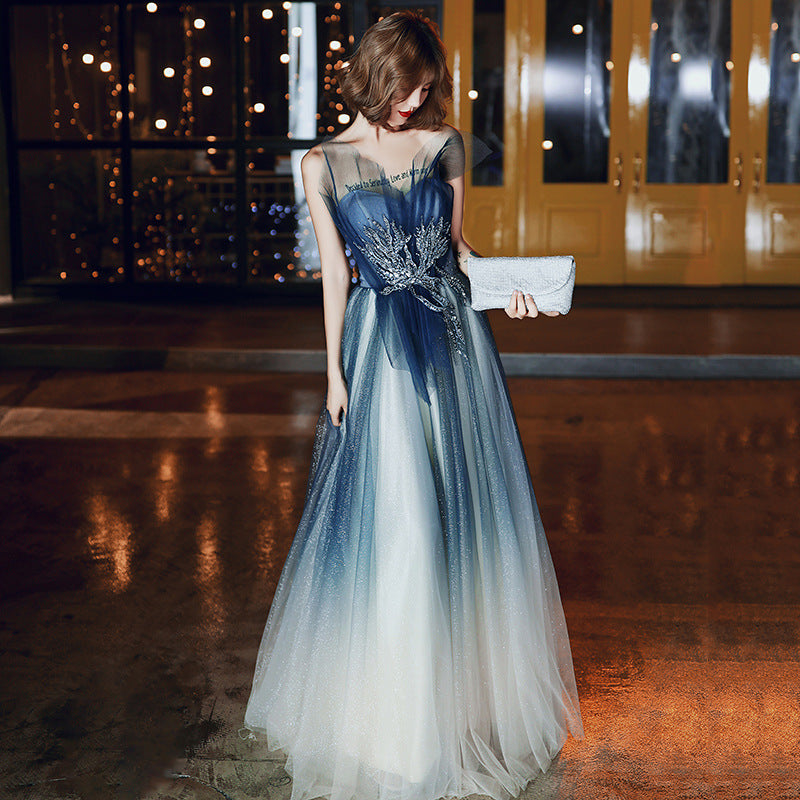 Blue Gradient A Line Formal Dress Strapless Long Evening Dress Party Dress 109