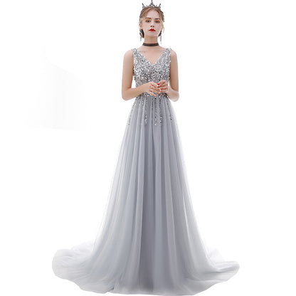 V Neck Sequins Long Prom Dress A Line Silver  Tulle Party Dress 134