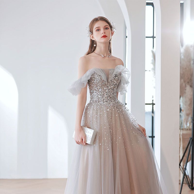 Off  Shoulder Sequins  Long Prom Dress Gray Sparkly Formal Evening Dress  138