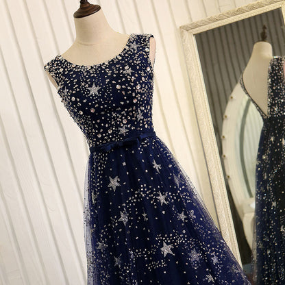Sequins A Line Long Prom Dress V Back Navy Shiny Evening Dress 577