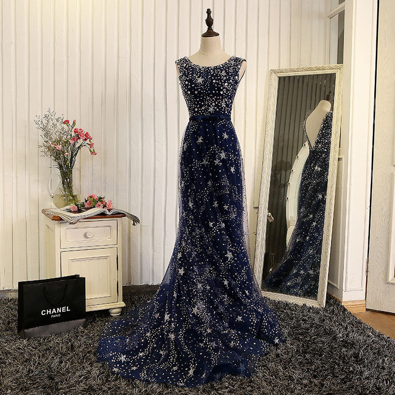 Sequins A Line Long Prom Dress V Back Navy Shiny Evening Dress 577