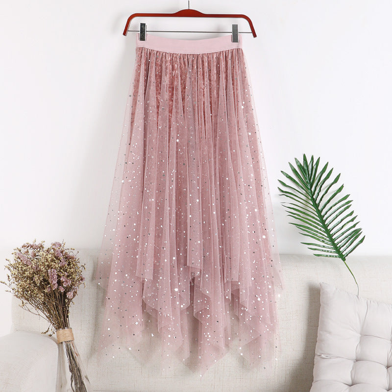 High Waist Star Sequin Irregular Mesh Skirt Mid Length Skirt 740