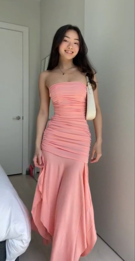 Strapless Elegant Mermaid Pink Long Prom Dress 2459