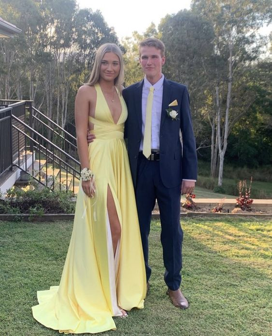 Deep V Neck Yellow A Line Long Prom Dress With Slit 2460