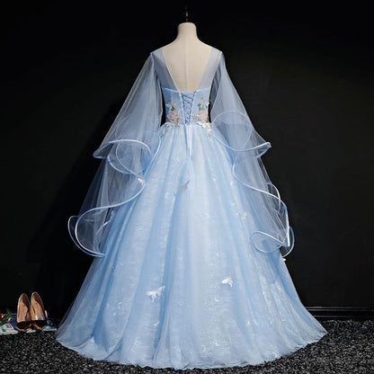Blue Long Sleeves Ball Gown with Butterfly Sweet 16 Birthday Party Dress 206