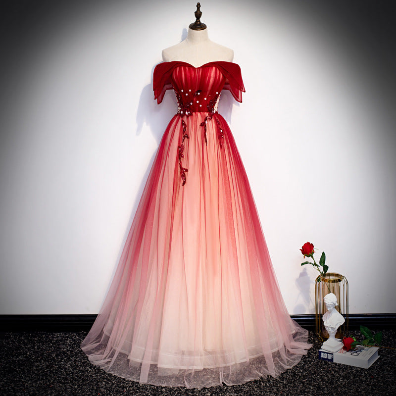 Off Shoulder White Tulle Prom Dress Red A Line Evening Party Gown 597