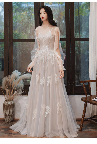 Long Sleeves Lace Tulle Wedding Dress A Line Long Prom Dress Formal Party Gown 318
