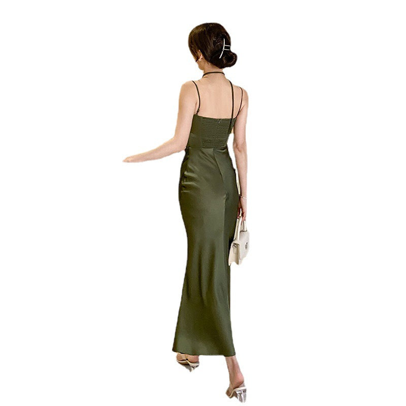 Green Satin Spaghetti Strap Dress Women 2023 Summer New Elegant Dress Long Dress 373