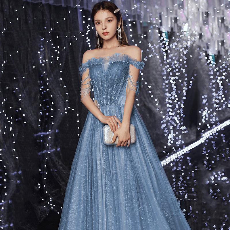 Off Shoulder Shiny  Blue Tulle Prom Dress A Line Long Formal Evening Party Gown 638