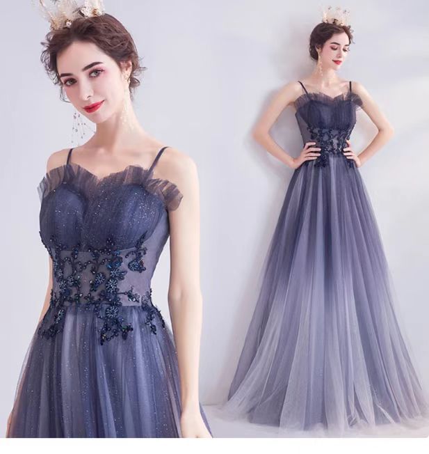 Spaghetti Strap Gradient Blue Prom Dress A Line Shiny Evening Gown 615