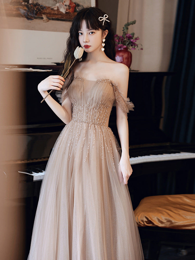 Champagne  A Line Tulle Prom Dress Spaghetti Strap Evening Formal Gown 307