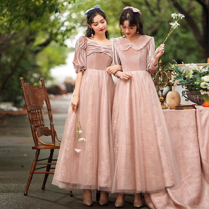 Pink Tulle Velvet Bridesmaid Dress Long Evening Dress Formal Party Gown 527