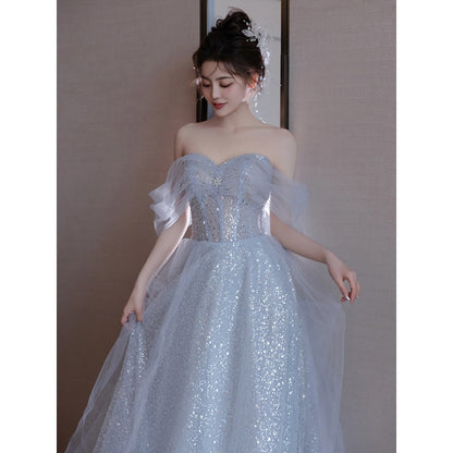 Blue Sparkly Princess Dress Off  Shoulder Long Prom Dress Formal Party Dress 174
