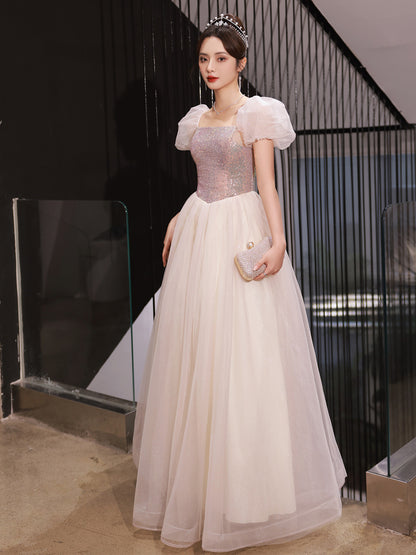 Champagne A Line Long Evening Dress Puff Sleeves Formal  Party Dress  518