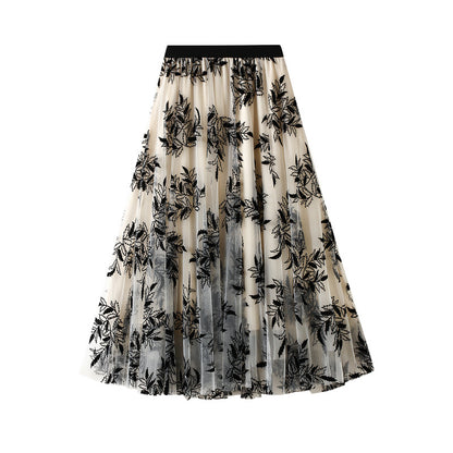 Printed Mesh Women's Mid-length A-line Floral Skirt 771