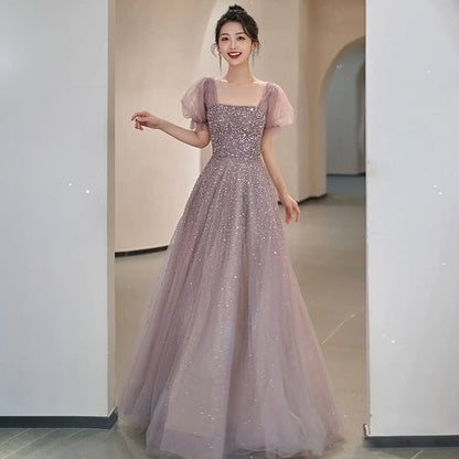 Sequins Tulle A Line Prom Dress Sweet Puff Sleeves Formal Party Dress 604