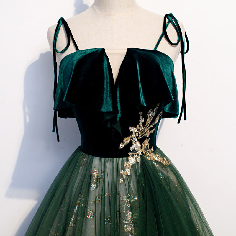 Green Spaghetti Strap A Line Tulle Shiny Prom Dress Formal Evening Gown 212