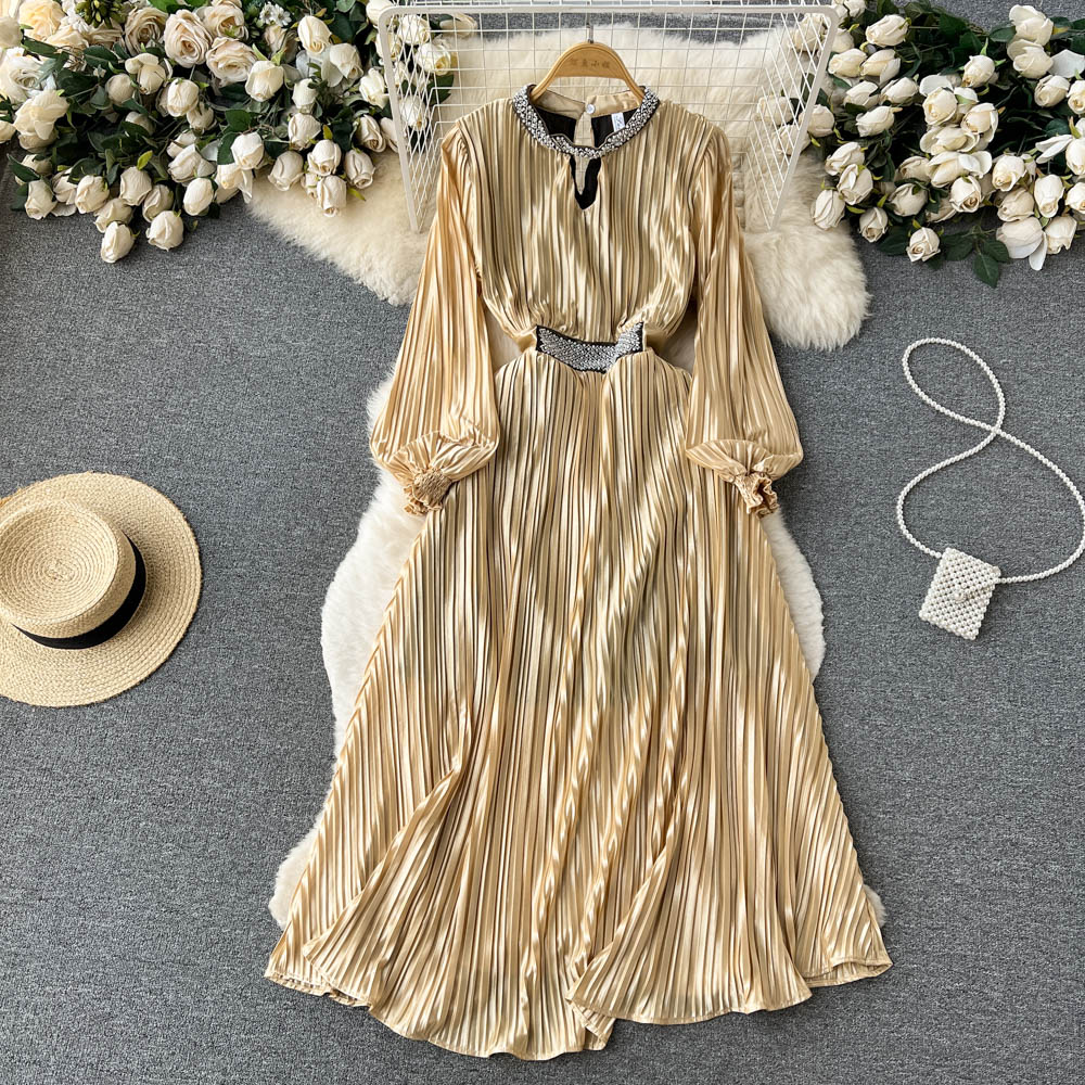 Spring and Autumn French Long-sleeved Dress Women's Pleated Satin Dress 479