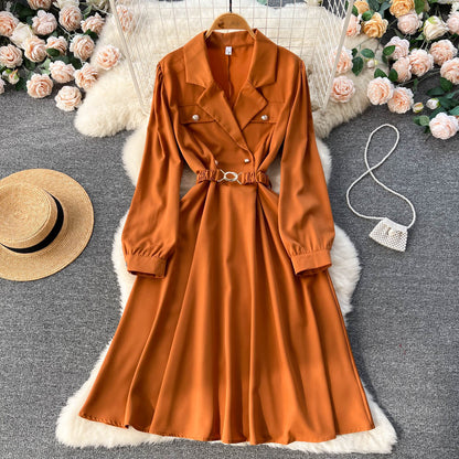 French Long Sleeve Mid Length Suit Collar Dress 247