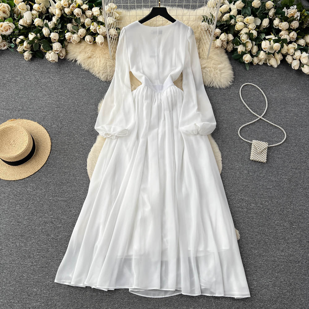 Fairy White Mesh Dress Women's Summer V-neck Lantern Sleeve Tulle Big Swing Dress 478