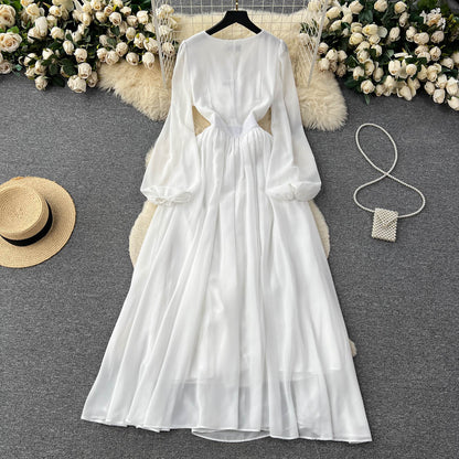 Fairy White Mesh Dress Women's Summer V-neck Lantern Sleeve Tulle Big Swing Dress 478