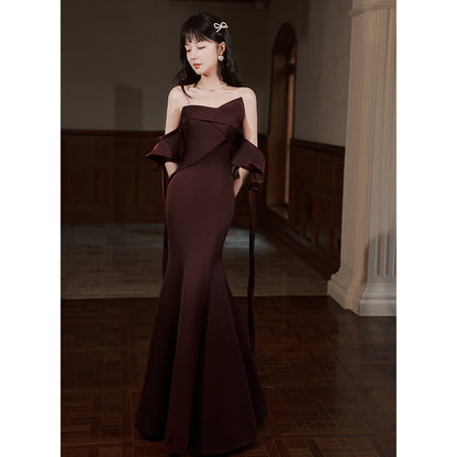 Mermaid Wine Red Strapless Long Prom Dress Elegant Evening Party Dress  192