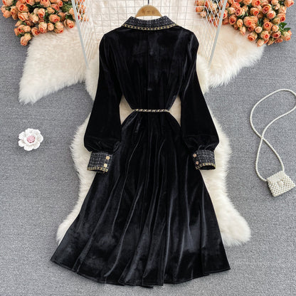 Autumn French Style Retro Velvet Dress Elegant Swing Long Skirt 842