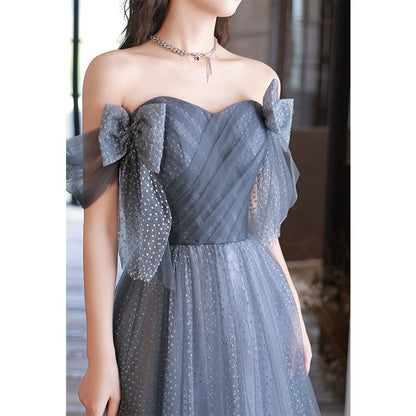 Off Shoulder Blue A Line Prom Dress Tulle Evening Formal Party Dress with Bow Tie 664