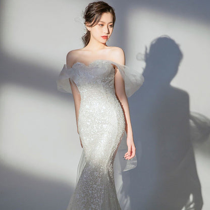 Mermaid Sequins Wedding Dress Off  Shoulder Long Evening Dress with Train 186