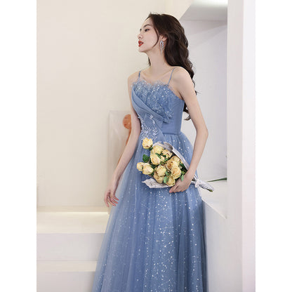 Spaghetti Strap Blue Prom Dress A Line Long Formal Evening Dress 131