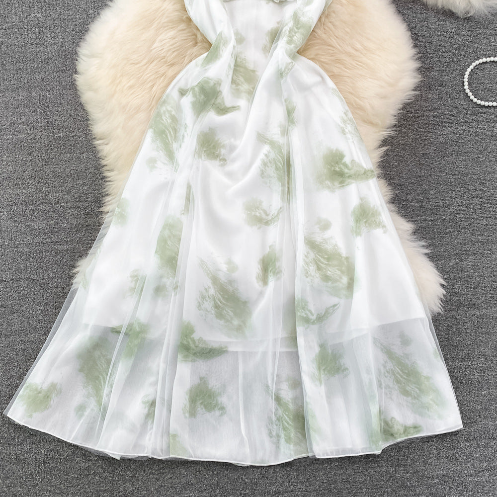 Gentle Thin Strap Long Dress Sleeveless Backless Printed A-Line Chiffon Dress 470