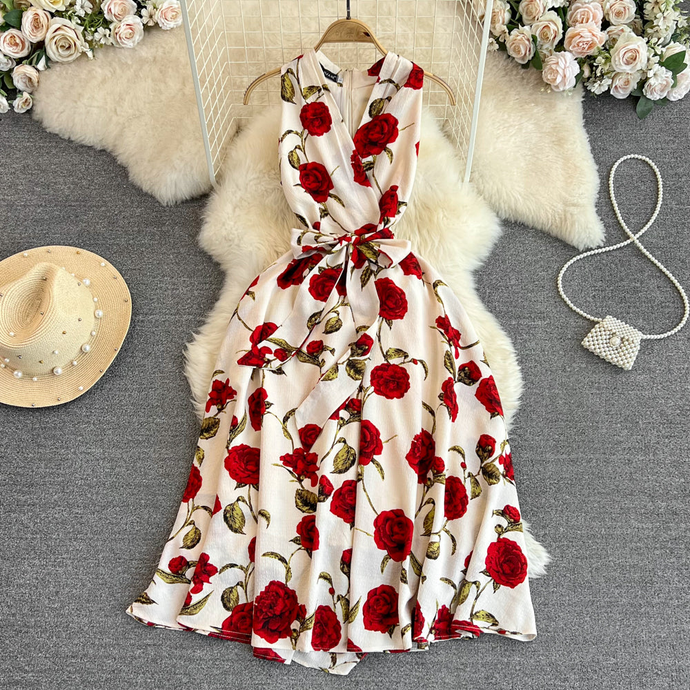 Women Summer A Line  Dress with Rose Flower Printed  437