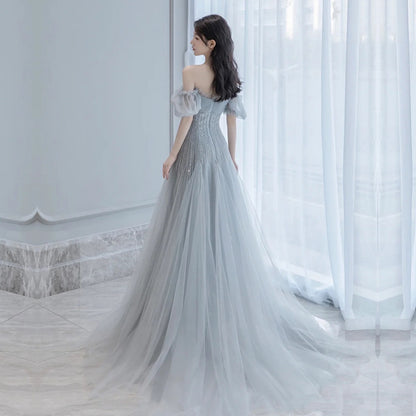 Off Shoulder Silver Gray Tulle Prom Dress A Line Evening Formal Dress 602