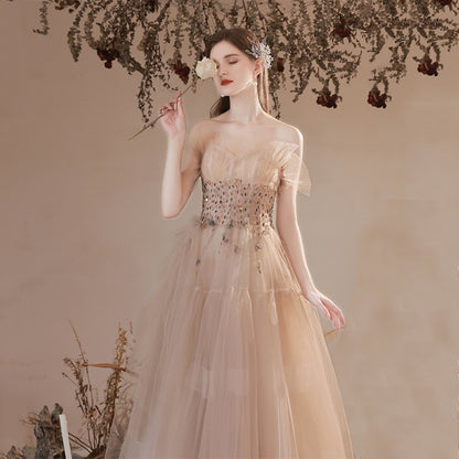 Off Shoulder Champagne Tulle Prom Dress Beading Formal Party Gown 676