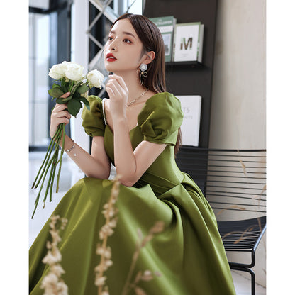 Green Satin Long Prom Dress Short Sleeves A Line Evening Dress 202