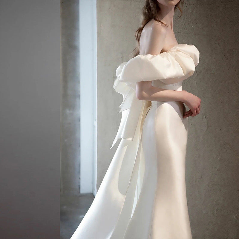 Mermaid Off  Shoulder Simple Wedding Dress White Satin Long Prom Dress  185
