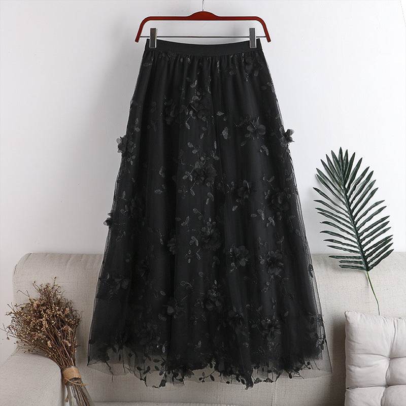 High-waist Mesh Large Swing A-line Skirt 3D Embroidery Flower Mid-length Skirt 733