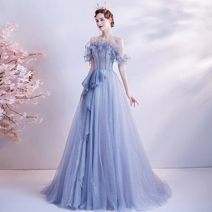 Blue Off  Shoulder Long Prom Dress Tulle Evening Formal Party Dress 150