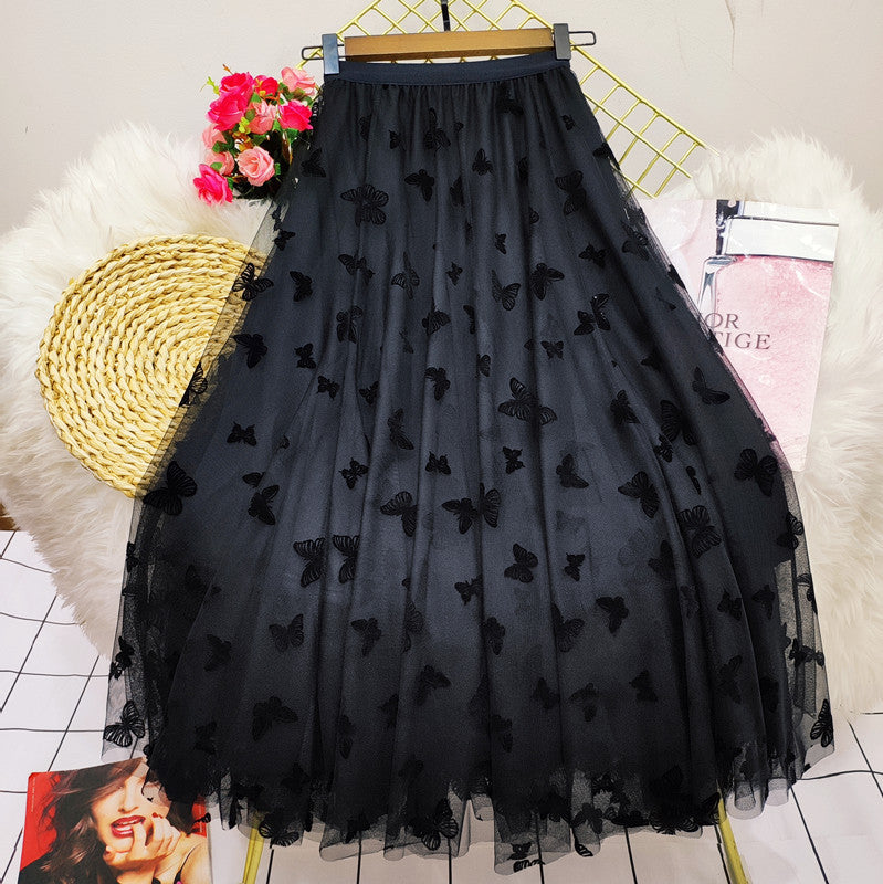 Butterfly Mesh High Waist Mid Length Skirt Long Skirt 739